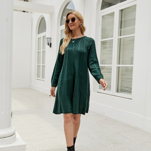 Cable-Knit Long Sleeve Sweater Dress - Picture 1 of 7